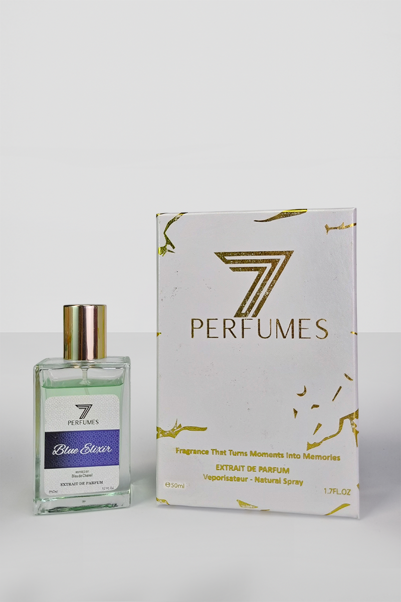 7Perfumes Blue Elixir – The 50ml bottle captures a sophisticated blend of citrus, incense, and woody notes for a versatile fragrance.