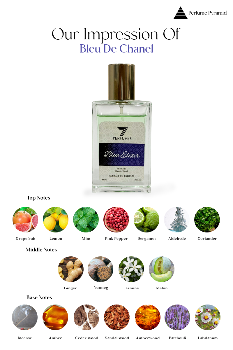 7Perfumes Blue Elixir – Top notes of citrus and mint, heart notes of jasmine and ginger, and base notes of incense, sandalwood, and cedarwood create a fresh yet deep scent.