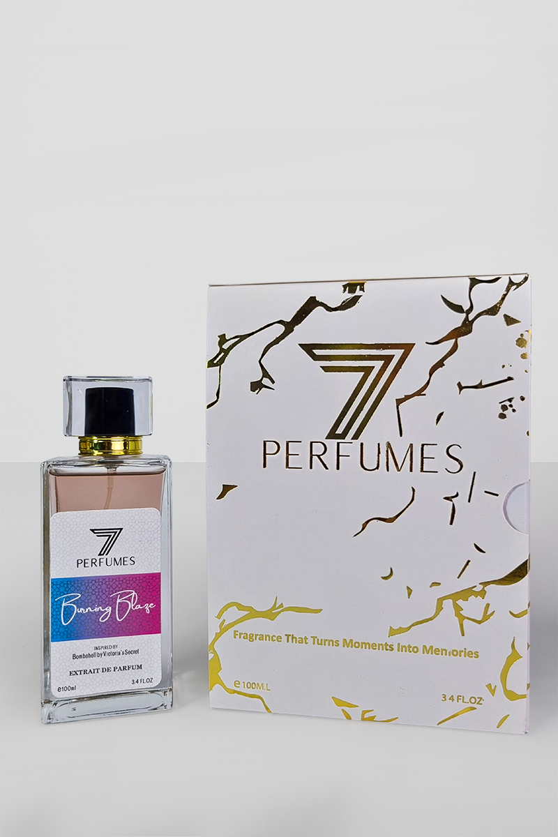 7Perfumes Burning Blaze – The 100ml bottle offers a long-lasting, vibrant fragrance with tropical fruits, jasmine, and vanilla, perfect for a bold impression.