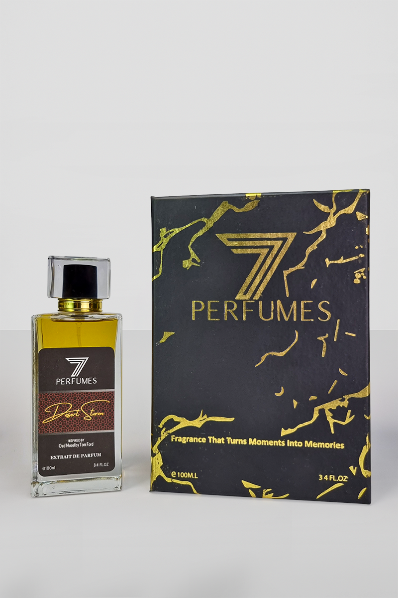 7Perfumes Desert Storm – The 100ml bottle offers a powerful and lasting fragrance with oud, spices, and amber, perfect for those who love deep, luxurious scents.