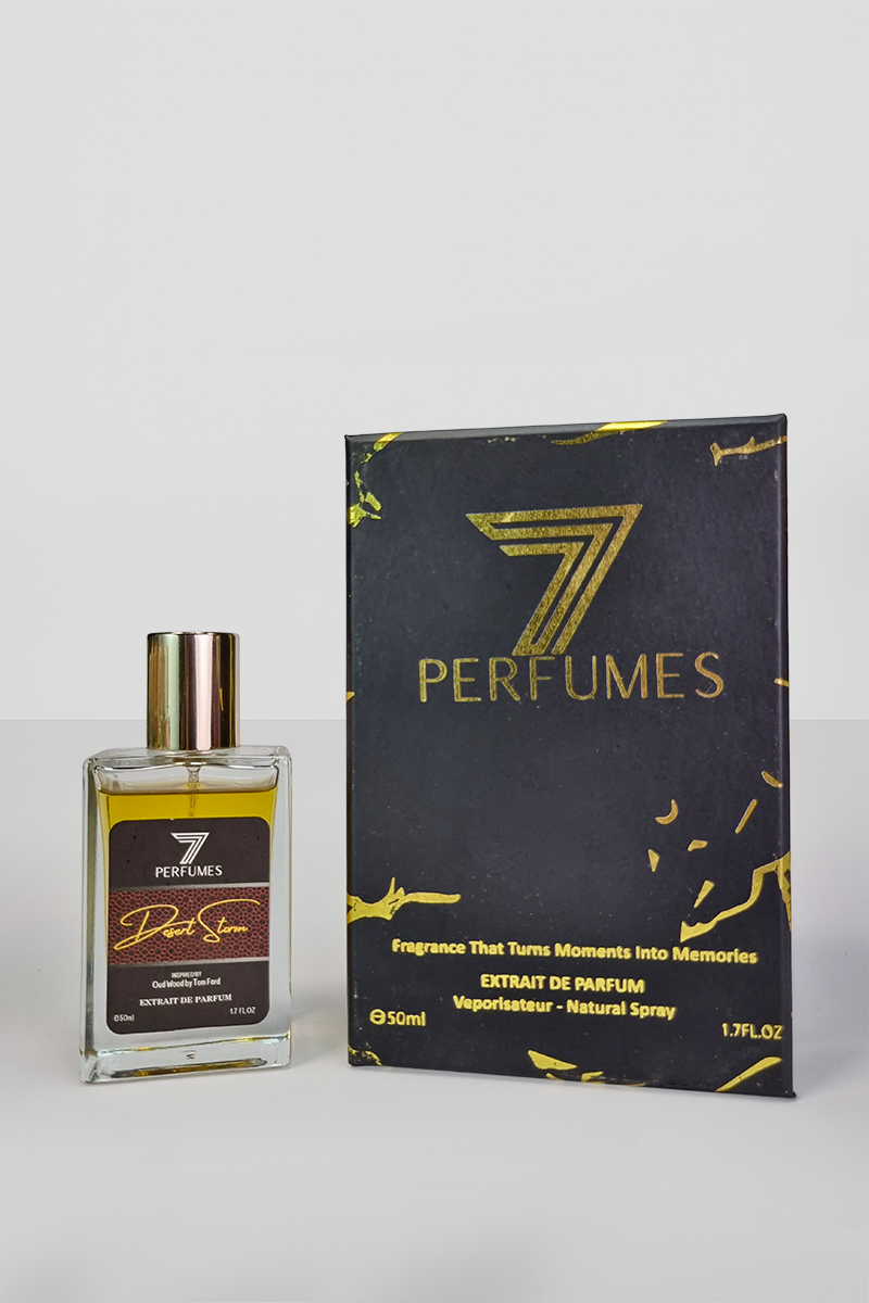 7Perfumes Desert Storm – The 50ml bottle delivers a rich and smooth fragrance with oud and vanilla, ideal for a signature scent that lasts.