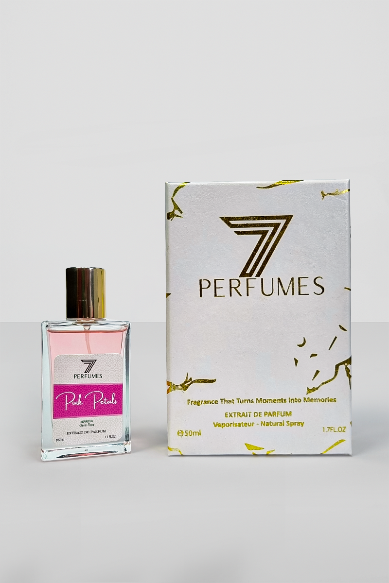 7Perfumes Pink Petals – The 50ml bottle delivers a fresh, feminine fragrance with floral notes of peony and jasmine, ideal for daily wear.