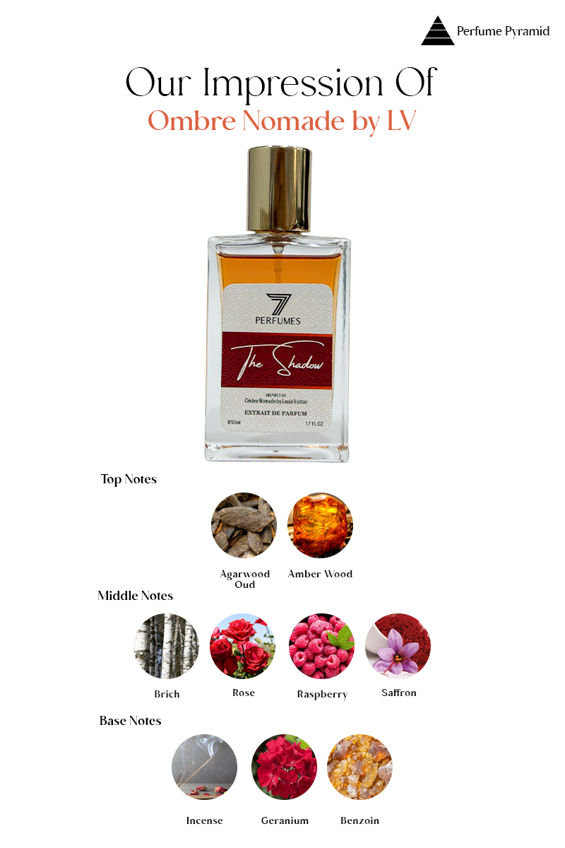 7Perfumes The Shadow – Top notes of rose and spices, heart notes of oud and frankincense, and base notes of amber create a warm, luxurious fragrance.