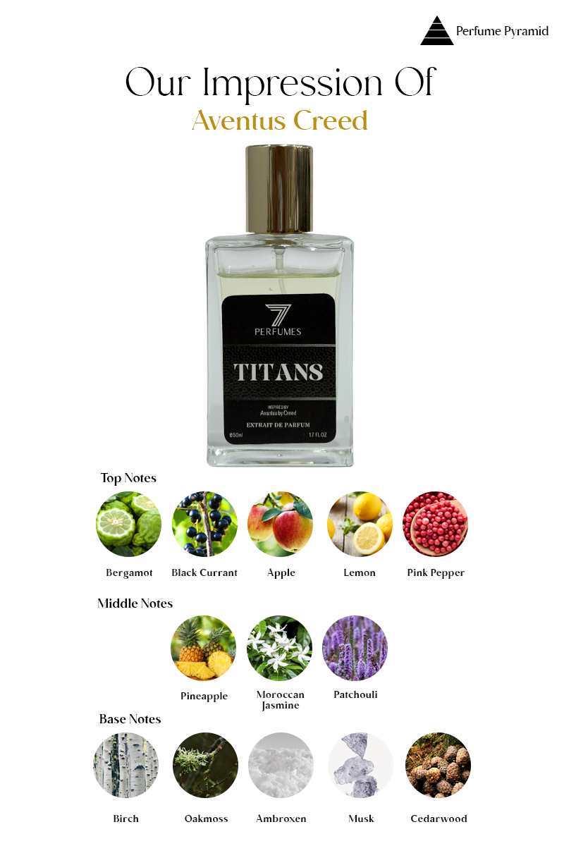 7 Perfumes Titans – Top notes of bergamot, heart notes of birch, and base notes of musk create a strong, sophisticated scent.
