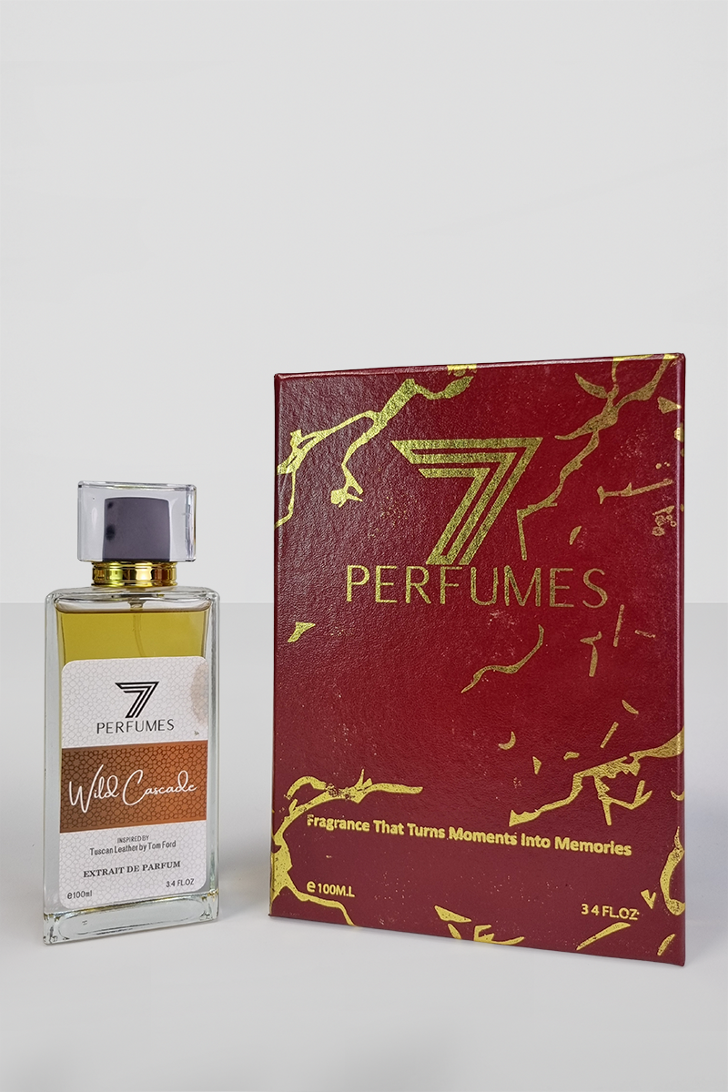 7Perfumes Wild Cascade – The 100ml bottle delivers luxury and strength with a sophisticated fragrance of leather, raspberry, and tobacco.