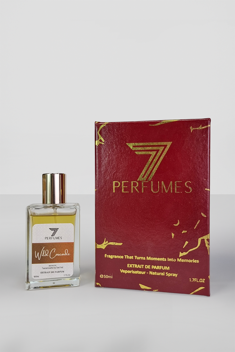 7Perfumes Wild Cascade – The 50ml bottle combines bold leather and saffron with amber, ideal for an all-day signature scent.