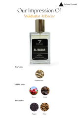 7Perfumes Al Badar – Top notes of saffron and rose, heart notes of oud and musk, and base notes of amber and vanilla create an elegant, warm fragrance.
