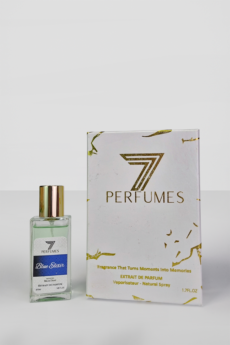 7Perfumes Blue Elixir – The 30ml bottle delivers a crisp and elegant citrus-woody fragrance, ideal for daily wear and travel.