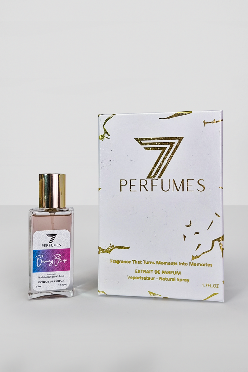 7Perfumes Burning Blaze – The 30ml bottle offers a fresh, tropical fragrance with passionfruit, jasmine, and vanilla, perfect for everyday use.