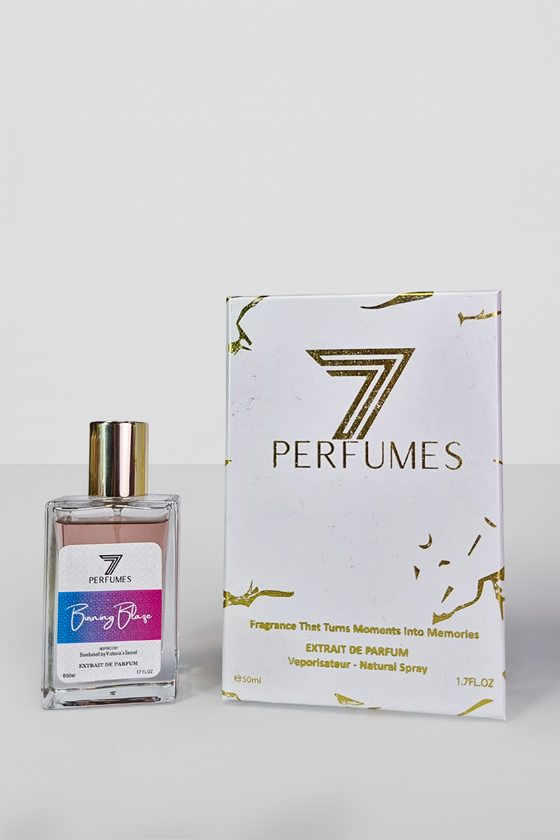 7Perfumes Burning Blaze – The 50ml bottle delivers a bold floral and fruity fragrance with jasmine and passionfruit, ideal for a memorable signature scent