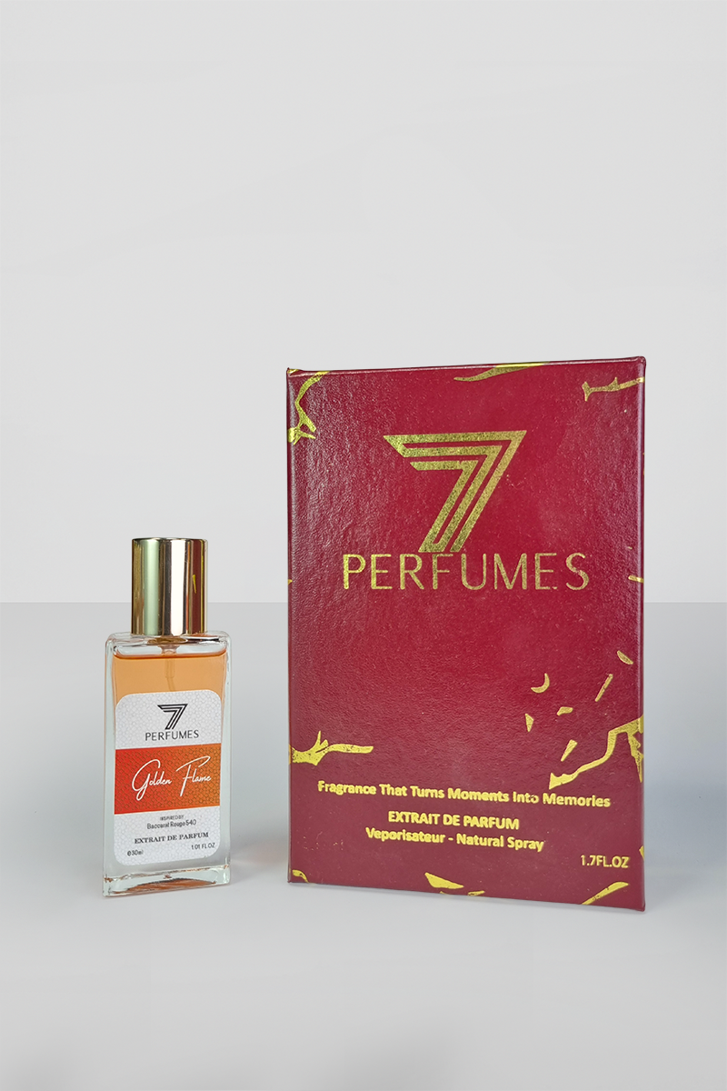 7Perfumes Golden Flame – The 30ml bottle captures the essence of saffron, ambergris, and cedarwood in a compact size, perfect for daily wear.