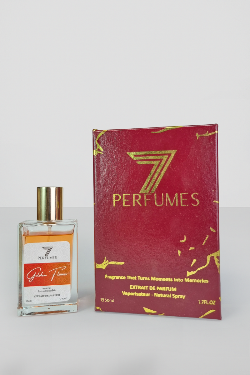 7Perfumes Golden Flame – The 50ml bottle delivers a radiant, luxurious fragrance with jasmine, saffron, and cedarwood, ideal for an all-day signature scent.