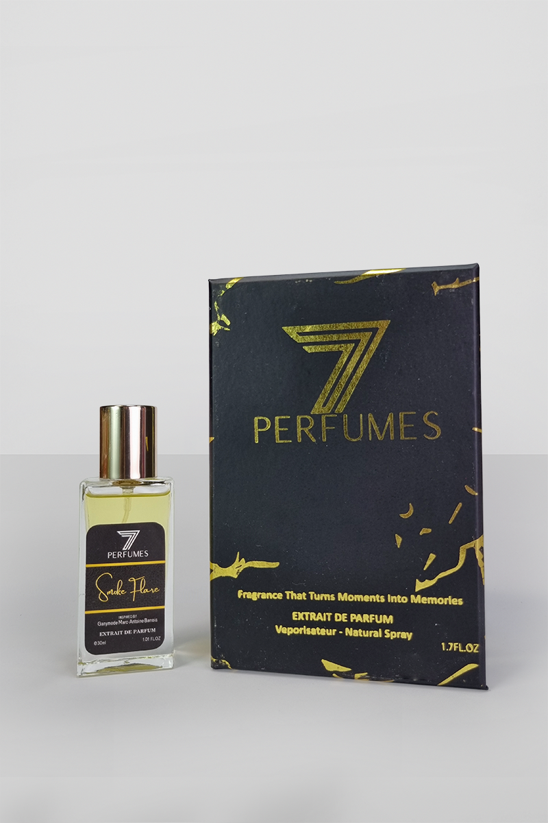 7Perfumes Smoke Flare – The 30ml bottle offers a unique, sophisticated fragrance with leather, iris, and ambergris in a compact size, perfect for daily elegance.