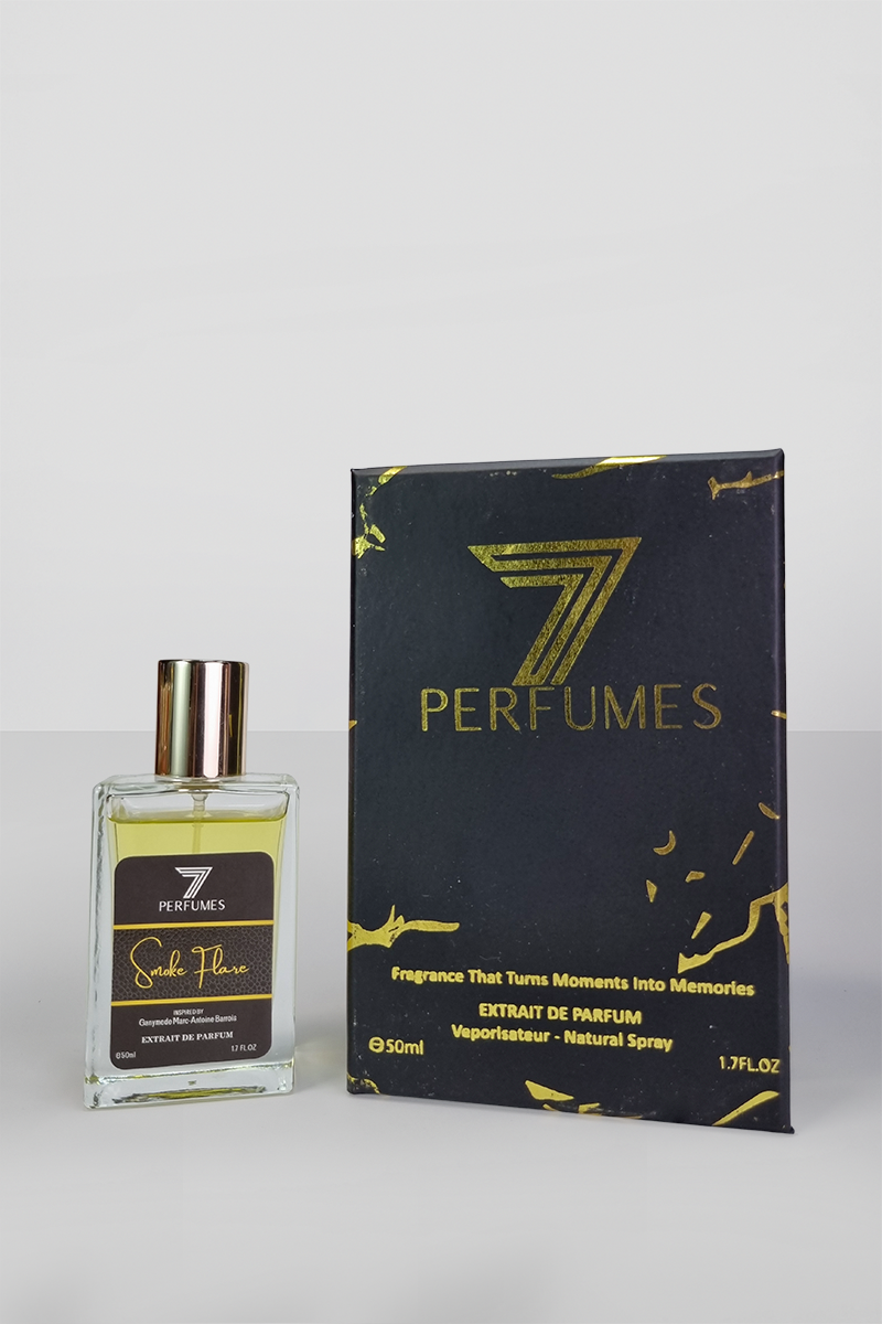 7Perfumes Smoke Flare – The 50ml bottle delivers a modern and luxurious fragrance with saffron, iris, and ambergris, ideal for a refined signature scent."