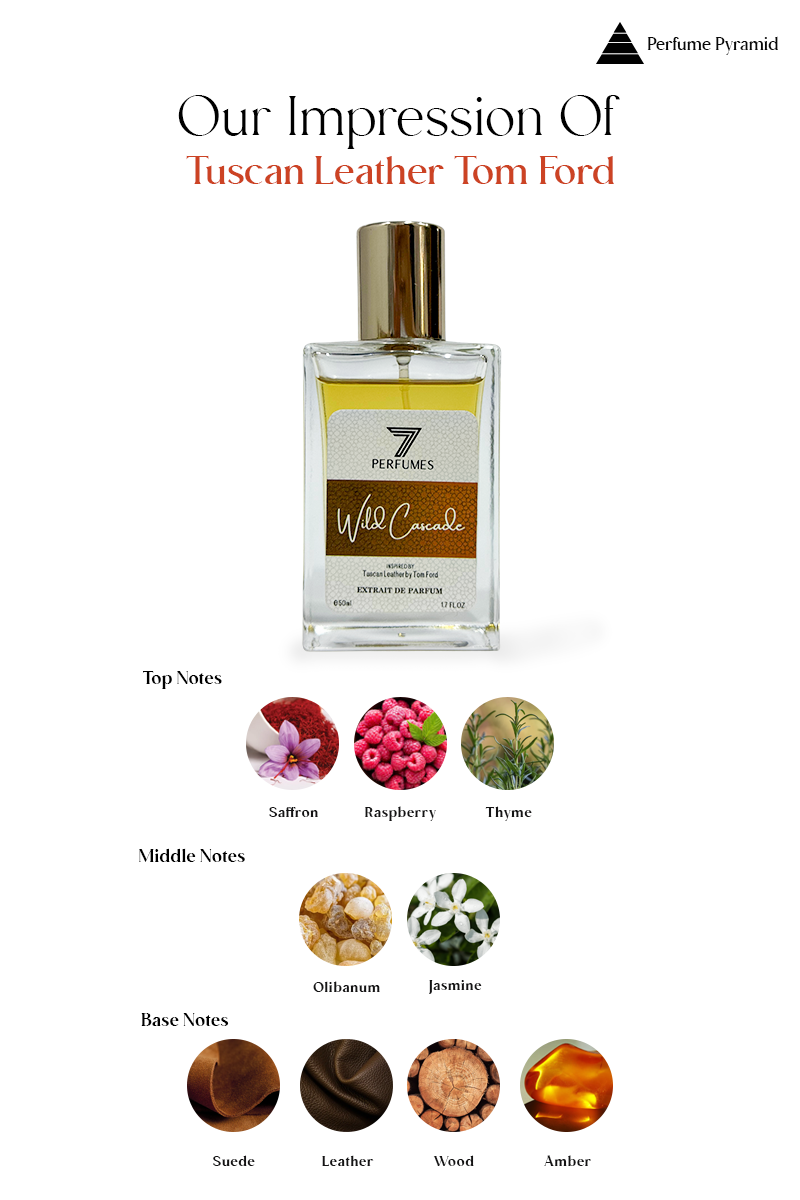 7Perfumes Wild Cascade – Top notes of raspberry, heart notes of saffron and leather, and base notes of amber and tobacco create a luxurious, smoky fragrance.